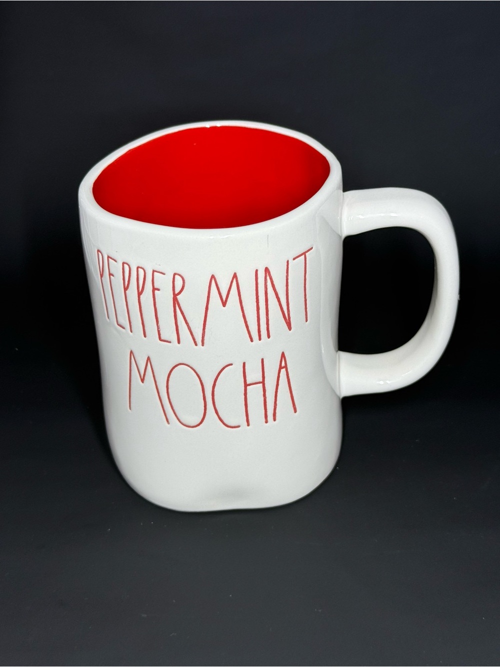 Rae Dunn White Ceramic Mug with Red Interior and Peppermint Mocha Lettering